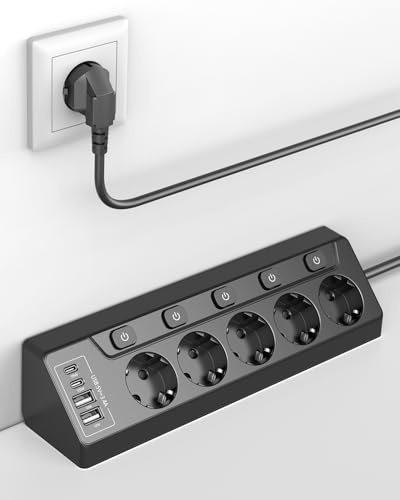 Ecksteckdosen-Steckdosenleiste, einzeln schaltbar, 5 Fach mit 4 USB (2X USB-C + 2X USB-A), Überspannungsschutz, Berührungsschutz, 2m Kabel, 3680W für Küche, Büro und Haushalt
