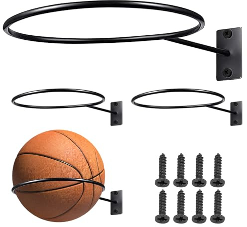 Soporte para Balones de Pared 4 Unidades, Soporte Metálico Resistente para Baloncesto Fútbol Voleibol y Rugby, Accesorios de Almacenamiento Deportivo con Tornillos Incluidos