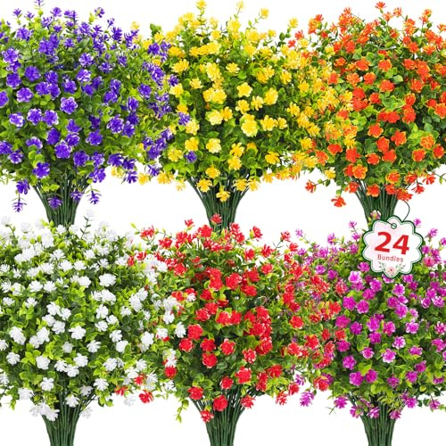Ouddy Decor 24 Bundles Artificial Flowers for Outdoors Decoration Fake Flowers UV Resistant Faux Plastic Greenery Eucalyptus Plants for Spring Summer Garden Patio Indoor Outdoor Home Decor, Multicolor