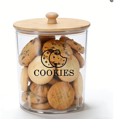 Gzsekken Biscuit Tin with Wooden Lid, 2L Plastic Cookie Jar for Kitchen, Airtight Biscuit Barrel with Wide Mouth, Sweet Jars for Candy Buffet, Food Storage Container for Biscuits and Snacks, Round