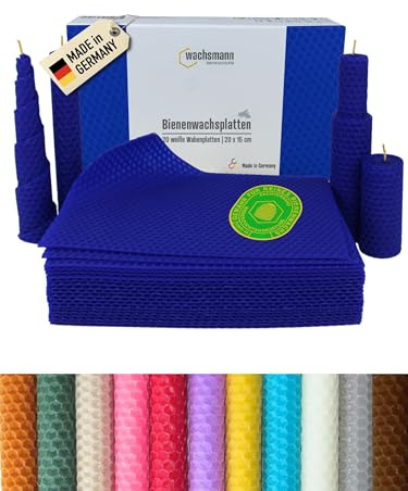 Wachsmann 20 placas de cera de abejas de Alemania, azul índigo, placas de cera de 20 x 15 cm, hacer velas de cera de abejas uno mismo, cera para velas