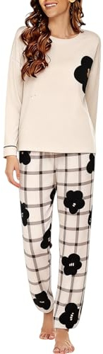 Cocila Womens Pyjamas Set Loungewear Round Neck Lightweight Long Sleeve T-Shirt & Bottom Pants Fashion Winter Nightwear Cosy Sleepwear Soft & Comfortable Pjs Sets 2025 Khaki XXL