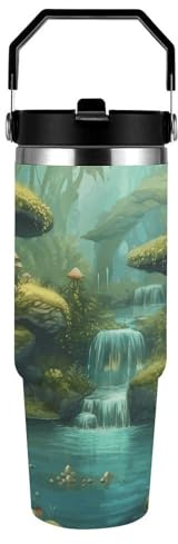 BTCOWZRV 30oz Stainless Steel Vacuum Insulated Car Cup View of Fantasy River with Pond And Fishes Mushroom in Jungle Trees Travel Mug for Vehicle Home Outdoor Double Walled Anti Scald Water Bottle