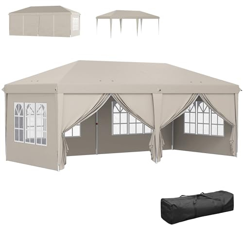 Outsunny Utomhus trädgårdspaviljong 6x3 m vattentät hopfällbar paviljong med UV-skyddande väggar Barnum hopfällbar höjd justerbart mottagningstält med bärväska enkel installation beige