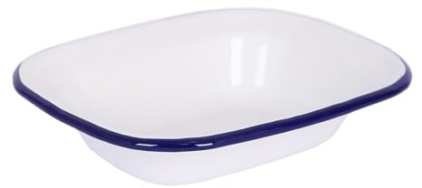 Argon Tableware 18 x 13.5cm White Enamel Pie Dish with Blue Rim - Baking Tray, Oven Safe Metal Dish for Pies, Cobblers, Lasagne, Camping, Picnic, Rustic Kitchen Bakeware