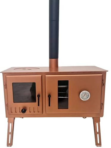 Outbacker Firebox Range Oven Portable Tent Stove & Complete 2.66m Flue Kit – 3.5kW Wood Burner with Glass Door, Lightweight 20.5kg | Camping, Glamping & Bell Tents (Bronze, Stove Kit)