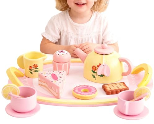 Juego De Té De Madera - 16 Piezas, Kit De Postres, Juego De Rol Para, De Servicio De Té, Conjunto De Juego Con Bordes Lisos Y Seguros | Regalo De Aprendizaje Creativo E Imaginativo Para F