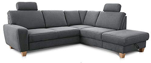 Cavadore Ecksofa Wisconsin mit Vorziehsitz / Eckcouch mit Federkern / Inkl. 2 Kopfstützen + Bettkasten / Landhausstil / Holzfüße in Buche / Mikrofaser / Größe: 248 x 88 x 218 cm (BxHxT) / Farbe: Grau