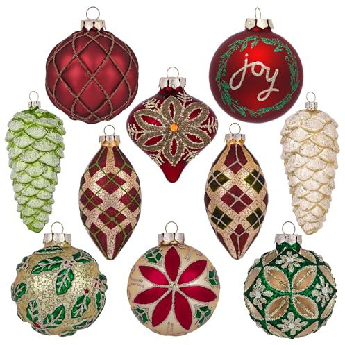 Valery Madelyn Glas-Weihnachtsschmuck-Set, 10 Karat rot, grün und Gold, Quecksilber-geblasenes Glas, Weihnachtsbaumkugel-Dekorationen, traditionelle Landhaus-Weihnachtsdekoration, hängende
