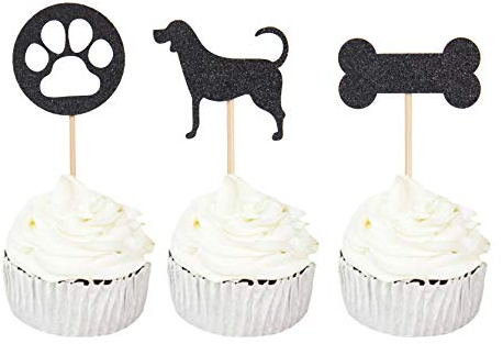 Sumerk 24PCS Dog Cupcake Toppers Black Glitter Puppy Cupcake Picks Pet Theme Baby Shower Birthday Party Decorations