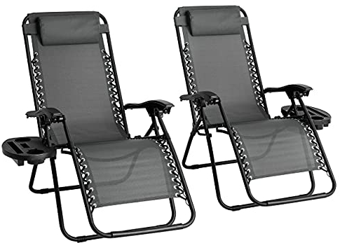 Straame Garden | Zero Gravity Chair | Set of 2 | Heavy Duty Textoline | Outdoor & Garden Sunloungers | Reclining & Folding Chair with Cup Holder and Headrest Pillow(Grey, Set of 2 Classic Chair)