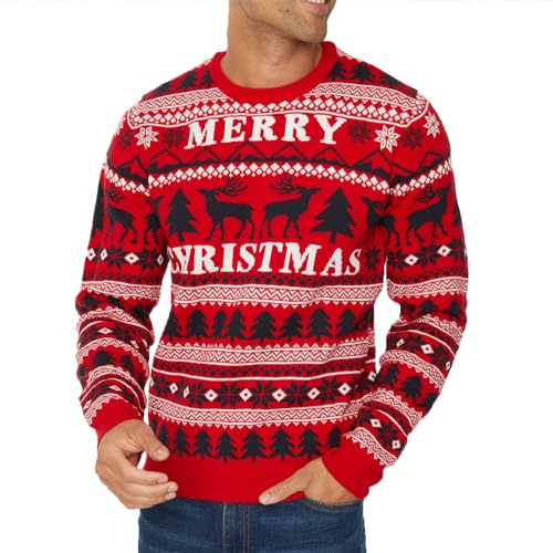 NOROZE Men's Christmas Jumper Reindeer Stag Nordic Polar Bear Festive Unisex Xmas Jumpers (M, Merry Christmas Red)
