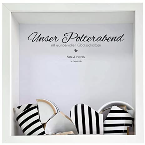 321GESCHENKE Personalisiertes Bild „Unser Polterabend optional mit 3D-Rahmen, Glücksscherben für Bilderrahmen, Erinnerungsgeschenk, personalisiert mit Namen/Datum und Widmung