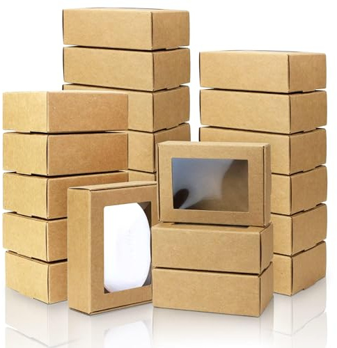 BadenBach 50-pack små rektangulära kraftpapperslådor med genomskinliga fönster, 8,5 cm x 6 cm x 3 cm, mini-tvål present presentlåda för bagerigodis, chokladförpackning smycken display bröllopsfest