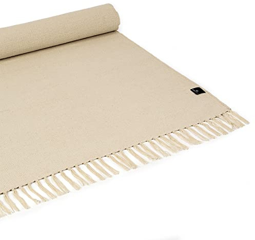 Yoga Studio Bio Yogamatte Teppich - 196cm x 70cm Yoga Teppich mit Quasten Baumwolle Yoga Teppich für Meditation, Entspannung und Hot Yoga (Ecru)