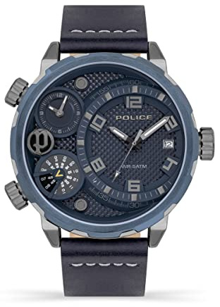 Police Ray PEWJB2195340 - Orologio multifunzione da uomo con quadrante blu e cinturino in pelle blu, cassa in acciaio inox da 51 mm, in confezione regalo, Nero, misura unica, Cinturino