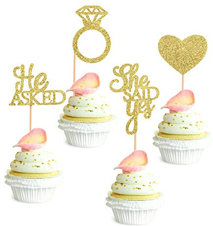 Blumomon 24Pcs Gold Glitter He Asked She Said Yes Cupcake Toppers Diamond Ring Heart Cake Picks for Wedding Engagement Party Cake Decorations