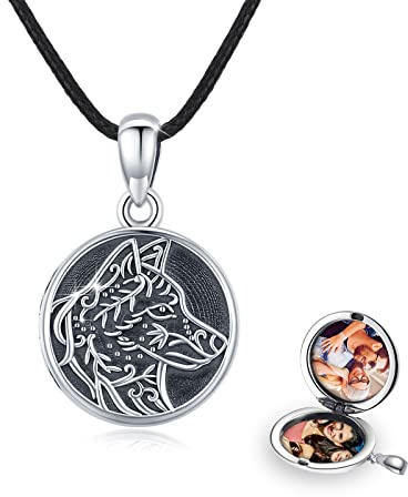 REDSUN Wolfskopf Foto Medaillon Personalisierte Kette 925 Sterling Silber Medaillon Kette Amulett Medallion mit Foto Schmuck für Herren Sohn Jungen Damen Geschenk