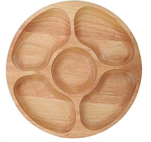 Postre Snack Sub-grid Plato Vajilla Bandeja, Plato de servir Bandeja con 5 Rejillas de comedor de madera, Forma redonda de madera Comida Dividida Plato(25cm)