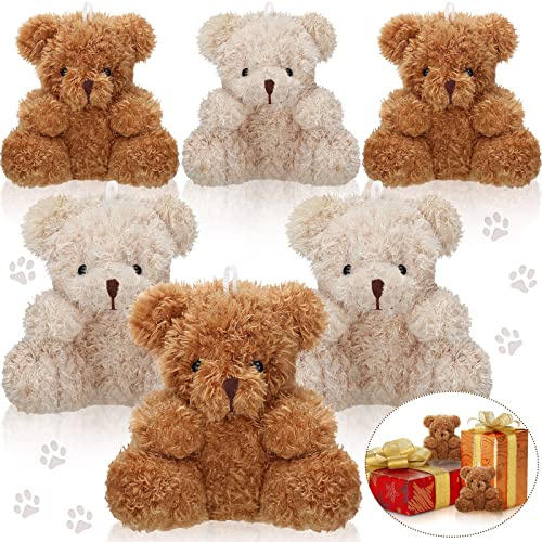 Lot de 6 mini ours en peluche, 10 cm, pour fête prénatale, anniversaire, remise de diplôme, porte-clés (marron, abricot)