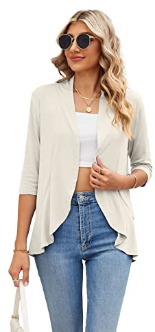 Famulily Cardigan estivo da donna con maniche a 3/4, leggero drappeggiato scialle sciolto camicetta casual cardigan con volant aperto sul davanti, Beige, L