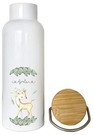 Manufaktur Liebevoll Trinkflasche mit Namen | Personalisiertes Geschenk | 500 ml Isolierflasche aus Edelstahl mit Bambusdeckel | verschiedene Motive zur Auswahl (Motiv Greta)