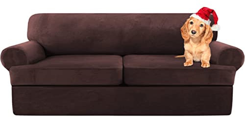 Sofa Cover,T Cushion Sofa Cover Velvet Non-Slip T Cushion 1/2/3 Seater Couch Cover with Individual T Cushion Seat Cover with Elastic Bands Furniture Slipcovers Protector (Brown,2 Seater-3Pieces)