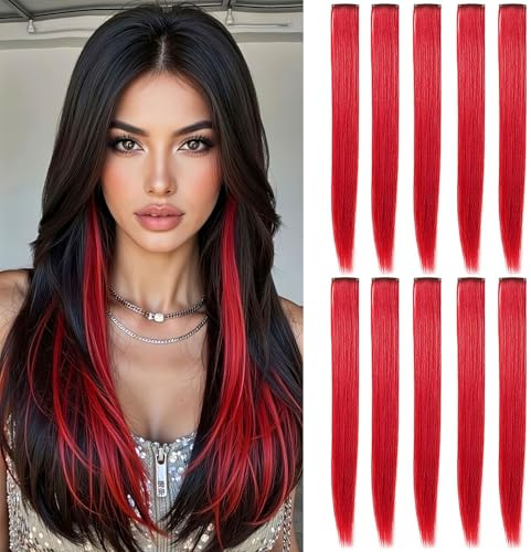 LSKJMO 10 Pcs 20 inch Red Wig Pieces Colorful Party Highlights Clip in Coloured Hair Extensions Red Straight Synthetic Hairpieces for Women