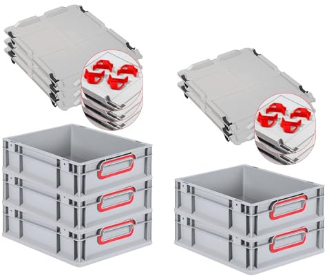 PROREGAL SuperSparSet 5x Eurobox NextGen Color mit Auflagedeckel & Schiebeschnappverschlüsse, HxBxT 12x30x40cm, 11L, Griffe rot geschlossen, Glatter Boden, Eurobehälter Transportbox Transportbehälter