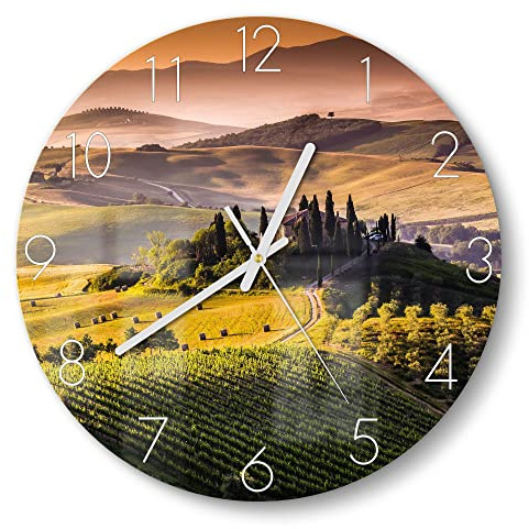 DEQORI Glasuhr | rund Ø 30 cm | Motiv Toskana Panorama | ausgefallene leise Design Uhr aus Glas | Wanduhr für Wohnzimmer & Küche | moderne Hingucker Uhr für die Wand