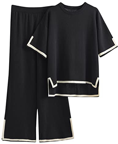 IQYU Freizeitanzug Damen Sommer Jogginganzug Lang Beine Breit Sommerhose + Oberteile Elegant 2,Teilig Hosenanzug Leicht Atmungsaktiv Sportanzug Sommer Hausanzug Leinenanzug Outfit Trainingsanzug