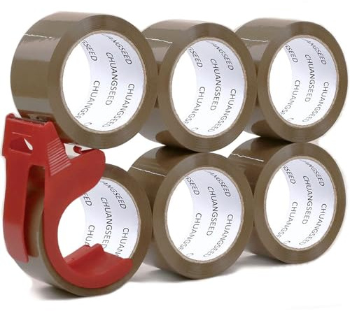 CHUANGSEED Brown 6-Rolls with Dispenser packing tape No Bubble Sticky Packing Tape,45mic x 48mm x 66m, Brown Packaging Tape for Moving,Parcels Sealing, Shipping