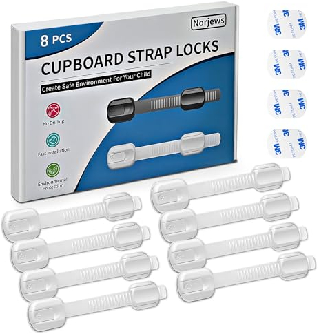 Norjews 8x Kindersicherung für Schrank und Schubladen, Schranksicherung zum kleben für Baby und Kind, Babysicherheit Schrankschloss, Schubladensicherung ohne Bohren - Weiß