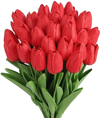MACTING 30PCS Artificial Tulip Flowers - 13.7 Real Touch Fake PU Tulips Bouquet Faux Spring Flowers for Floral Arrangements Table Centerpiece Kitchen Home Mothers Day Easter Decorations (Red)