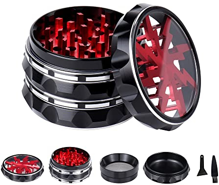 TIRIRS 6,3 cm, 4 Stück, transparente Oberseite Kräutermühle – Aluminium Gewürzmühle mit Pollenschaber und Reinigungsbürste – Schwarz und Rot