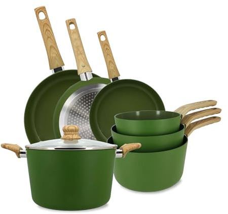 MENASTYL - Batterie de cuisine 7 pièces avec revêtement antiadhésif céramique (Sans PFAS/Sans PTFE) tous feux dont induction - 3 poêles, 3 casseroles, 1 faitout - Gamme Colorama - Olive - 6014187