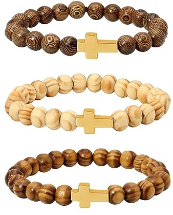 Manfnee 3-4 pulseras con cruz de 8 mm de cuentas de madera para hombre y mujer, pulsera de fantasía con crucifijo elástico, 17 cm