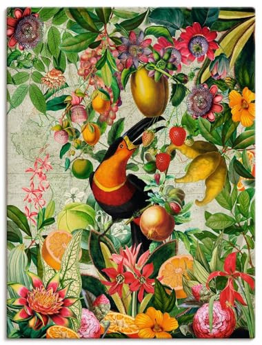 ARTLAND Wanddeko Leinwand Bilder Wandbild 45x60 cm Paradies Garten Pflanzen Blumen Früchte Tukan Vintage U4VU