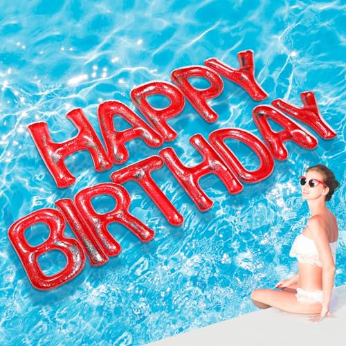 Shappy 20'' Happy Birthday Pool Large Floating Letter Balloons with Adhesive Dots Inflatable Pool Decorations for Summer Birthday Party(Red)