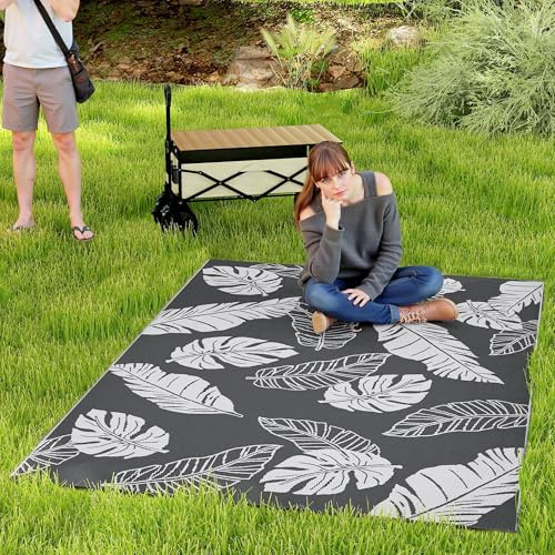 Outsunny Outdoor-Teppich, Campingteppich mit Doppelseitigem Design, Wetterfester Kunststoffteppich für Balkon, Terrasse, Grau+Weiß, 182 x 274 cm