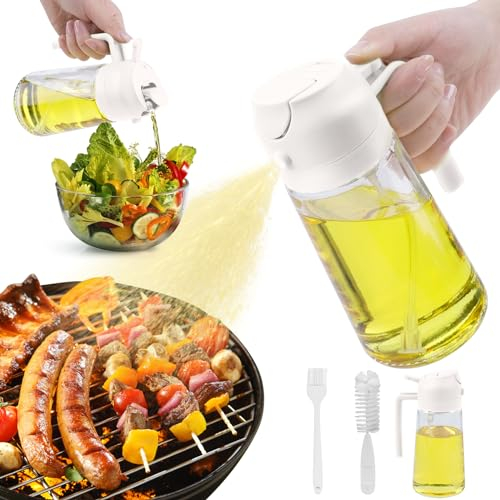PUWOWYE Pulverizador Aceite Spray 470ml, 2 en 1 Spray Aceite Cocina Vidrio, Multifuncional para Parrilla, Ensaladas, Pincel y Cepillo Para Botellas, Blanco