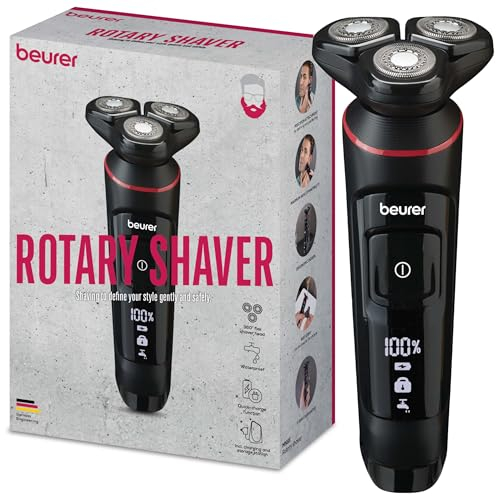 Beurer MN8X Rotationsrasierer, optimale Konturanpassung durch 360°-Flex Rasierkopf, 3 Scherköpfe mit Magnetfixierung, Präzisionstrimmeraufsatz, wasserdicht, Schnelladefunktion, LED-Anzeige