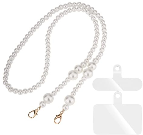 EOYVAIL Handyanhänger,Perlen-Handkette, weiße Perle, Handy-Lanyard, Handyband, mit Handy-Clip, 90 cm (3 Stück)