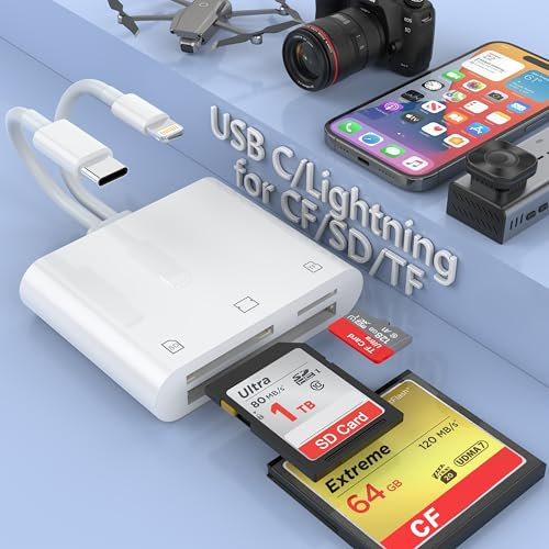 USB C+Lightning to CF/SD/Micro SD Memory Card Reader for iPhone/iPad,Apple Compact Flash Camera to Phone Adapter,Trail Digital Viewer for iPhone 15/14/iPad/MacBook Pro/Air iMac M1/2 Android Galaxy S22