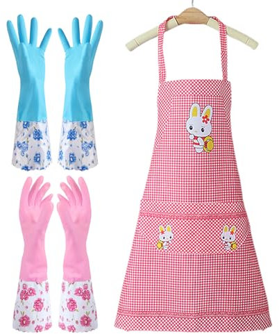 EHDWXVZM 2 Paia Di Guanti Per Lavastoviglie, 1 Grembiule, Guanti Per La Pulizia Della Casa, Guanti A Bocca Larga A Maniche Lunghe, Set Protettivo Per Lavastoviglie E Pulizia