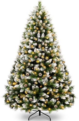 KOIUEYW 180 cm Árbol de Navidad Artificial con Nieve y 300 LED, Árbol de Navidad Nevado con Luz Cálida Incluye Soporte de Meta, Sistema de Montaje Rápido Decoración para Navidad, Verde con Nieve