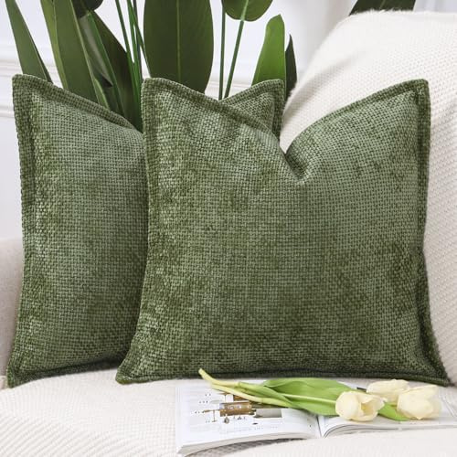 Madizz 2er Set Chenille Samt mit Rand Kissenbezüge Weiche Dekorativ Zierkissenbezüge Modern Kissenhülle für Sofa Wohnzimmer Schlafzimmer Moosgrün 45x45 cm