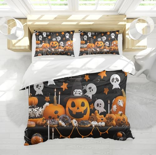 MOKOSAISE Halloween copripiumino Set 3 pezzi zucca mago cappello bianco fantasma ciambella stelle biancheria da letto Set con 2 cuscini Shams 4 cravatte con cerniera 155 x 220 cm