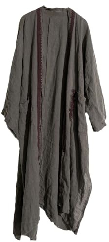 NFYM Trench lungo da donna, leggero, 100% lino, aperto sul davanti, cardigan, patchwork, stile hobo, giacca da spolverino allentata, Grigio, Taglia unica