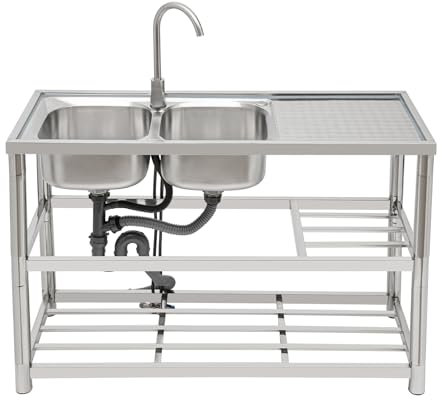 Lavelli in acciaio inox indipendenti 2 vasche 120×45×80 cm Lavelli commerciali con rubinetto con tubi di acqua fredda e calda, lavandino per esterni, interni, cucina, ristorante